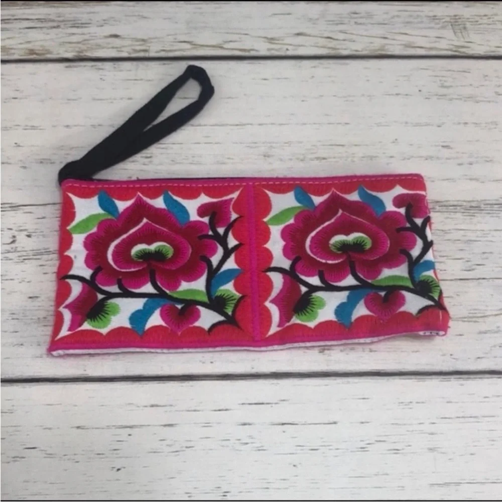 Floral Embroidered Clutch with Wrist Strap Vibrant colors